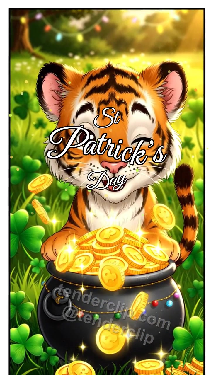 Animated greeting card about St Patrick’s Day: Tiger Cub By Lucky Pot
