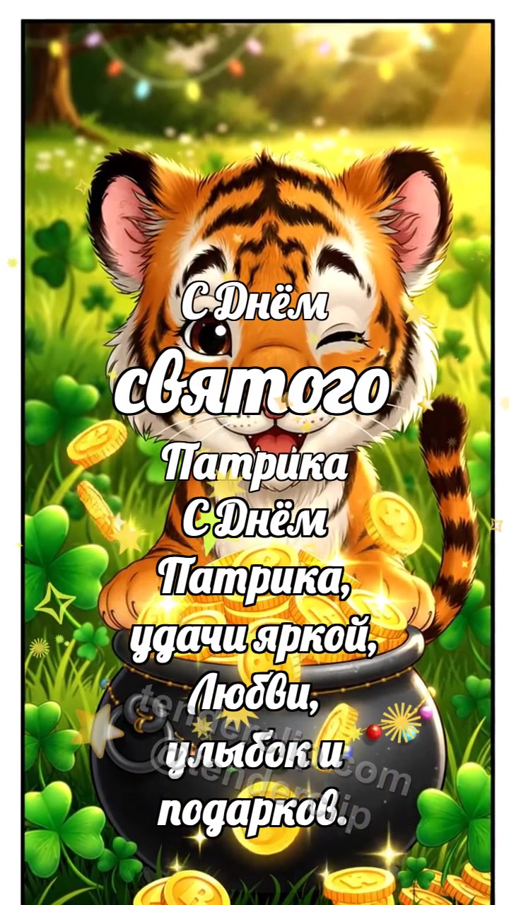 Анимационная открытка на тему С Днём святого Патрика: Тигрёнок у горшочка удачи
