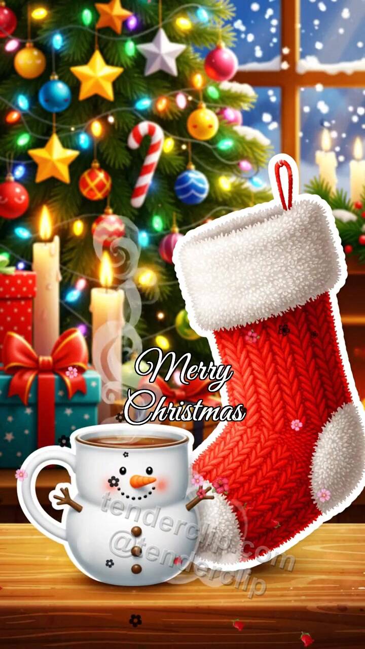 Animated greeting card about Merry Christmas: tea moves closer