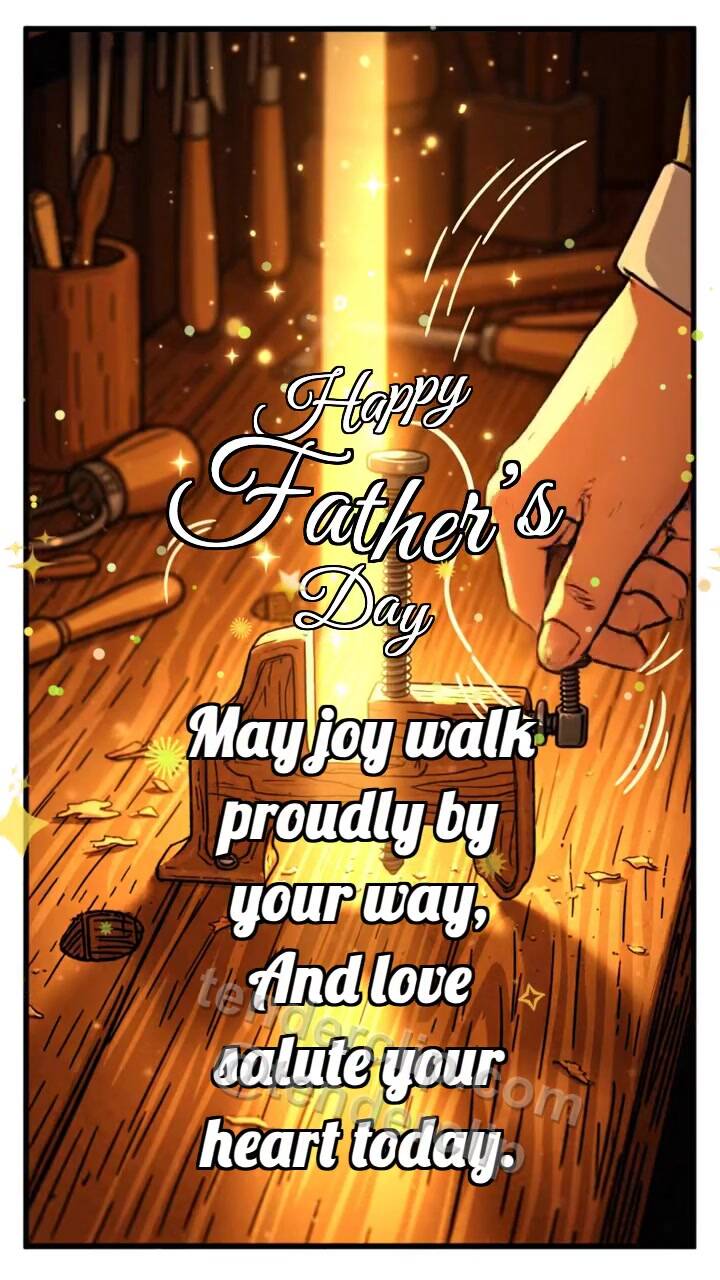 Animated greeting card about Happy Father’s Day: Hand Clamp Holds Beam
