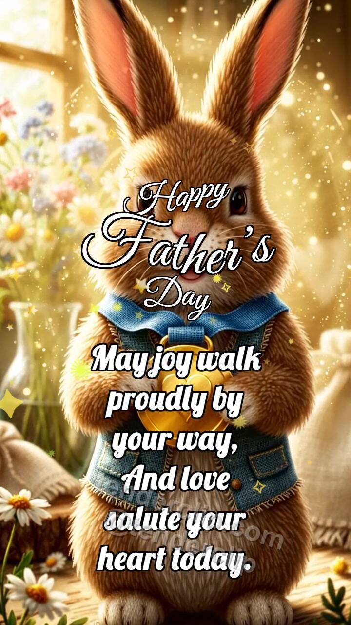 Animated greeting card about Happy Father’s Day: Bunny Gives Dad Medal