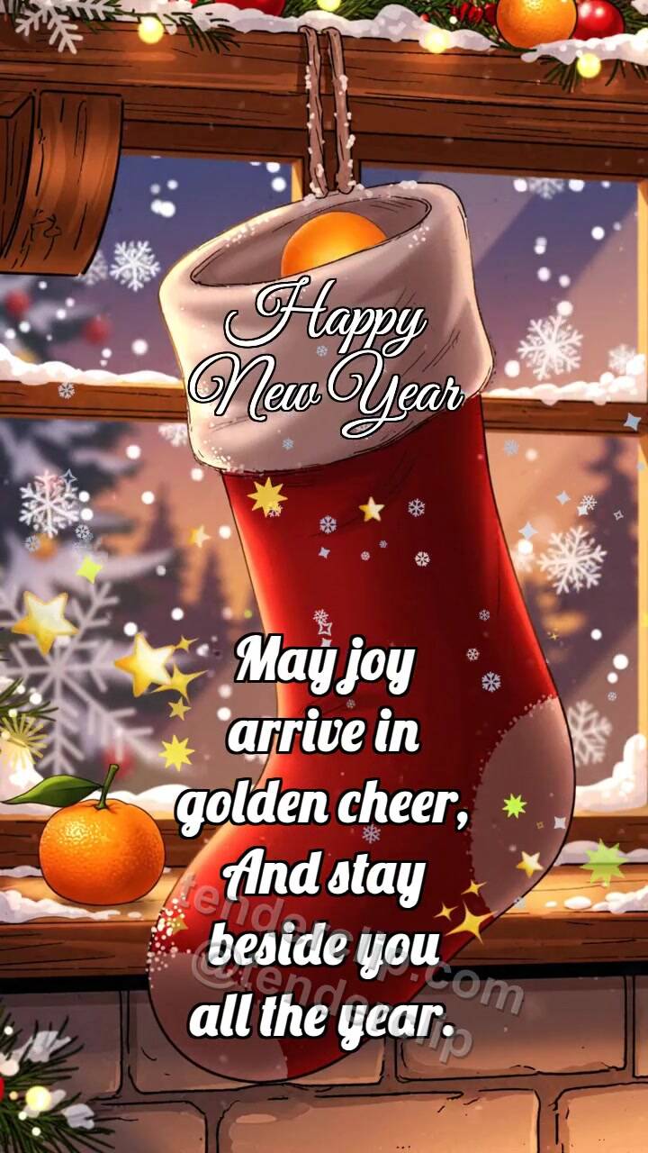 Animated greeting card about Happy New Year: Stocking Catches Tangerine