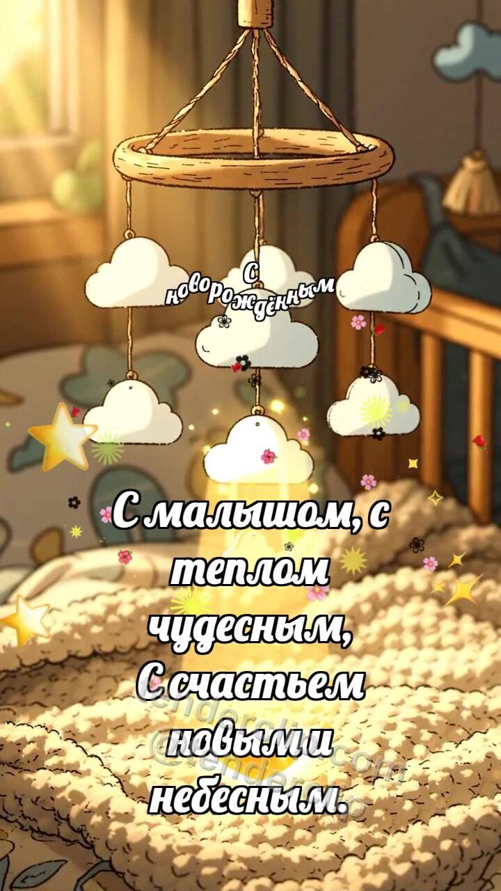 Анимационная открытка на тему С новорождённым: Мобиль ловит облачко