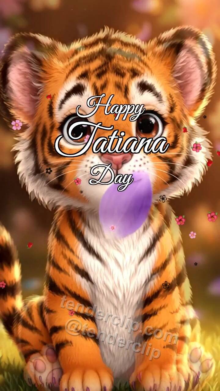 Animated greeting card about Happy Tatiana Day: Tiger Cub Catches Petal