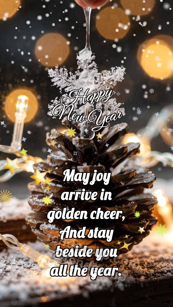 Animated greeting card about Happy New Year: Pinecone Warms Snowflake