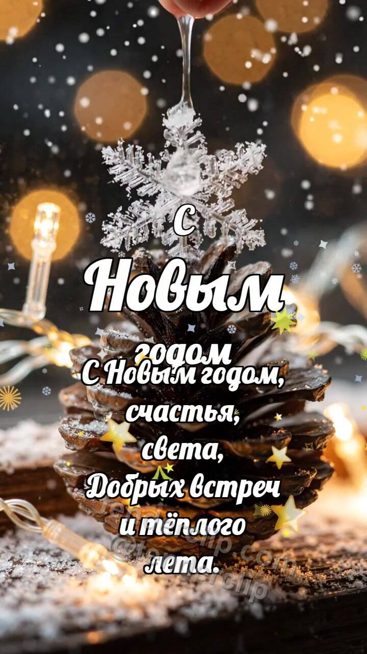 Анимационная открытка на тему С Новым годом: Шишка греет снежинку