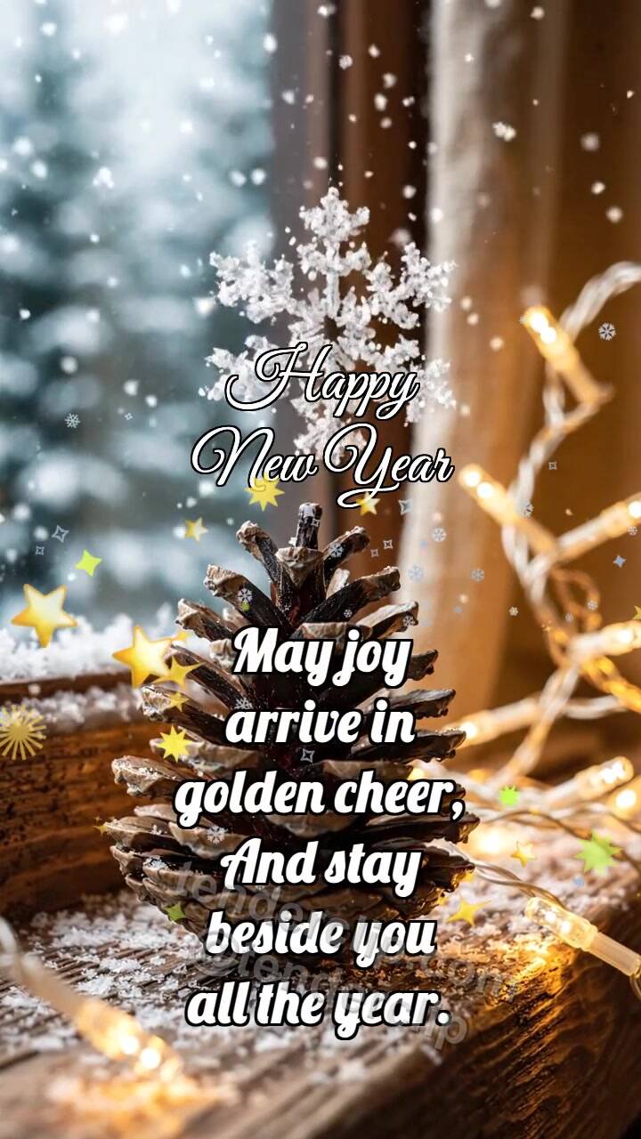 Animated greeting card about Happy New Year: Pinecone Warms Snowflake