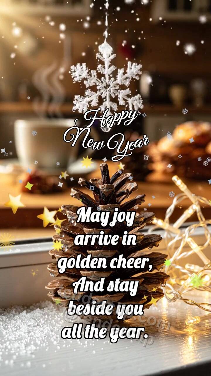 Animated greeting card about Happy New Year: Pinecone Warms Snowflake
