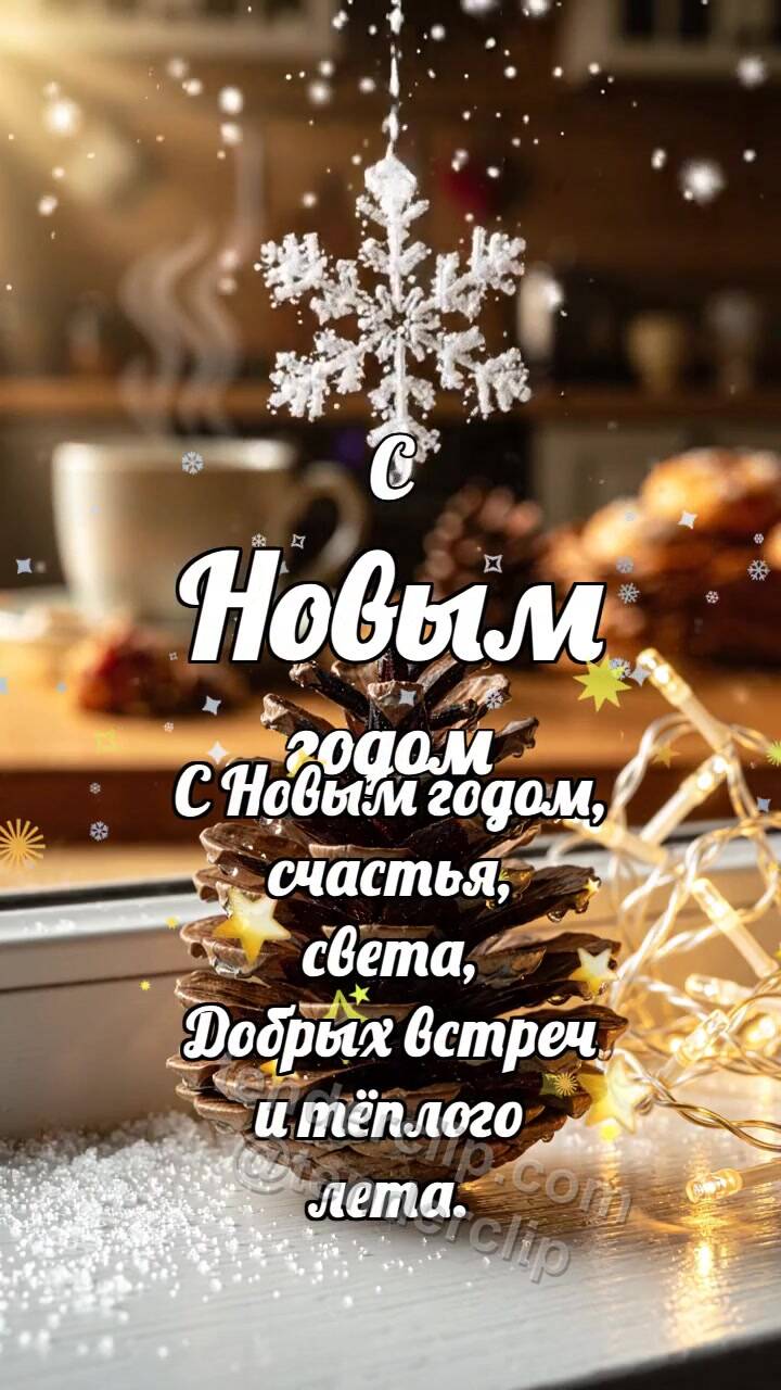 Анимационная открытка на тему С Новым годом: Шишка греет снежинку
