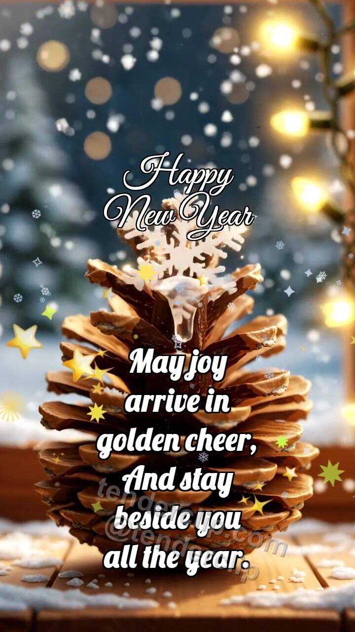 Animated greeting card about Happy New Year: Pinecone Warms Snowflake