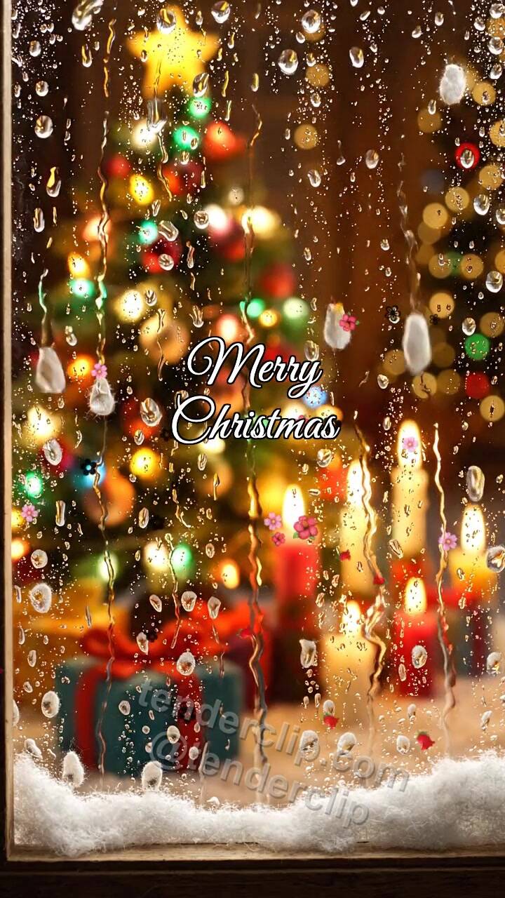 Animated greeting card about Merry Christmas: rain clears into warm light