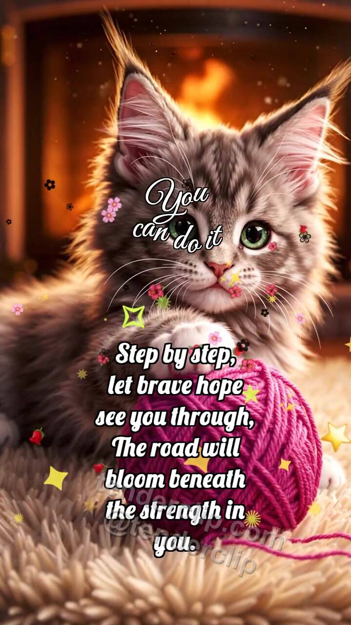 Animated greeting card about You can do it: Kitten Reaches Yarn