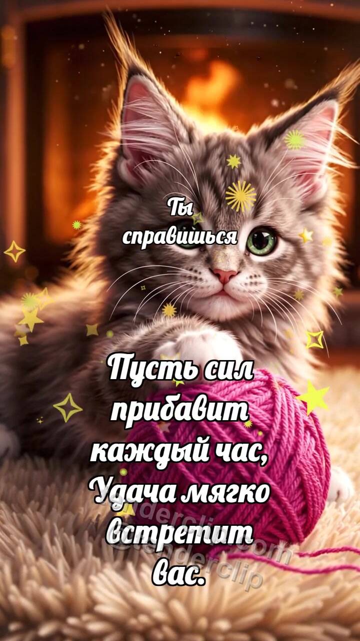 Анимационная открытка на тему Ты справишься: Котёнок тянется к клубку