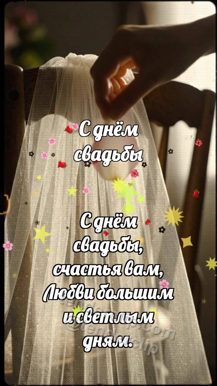 Анимационная открытка на тему С днём свадьбы: Фата ловит лепесток