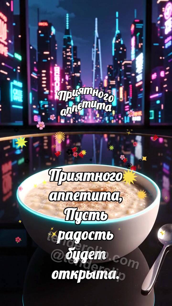 Анимационная открытка на тему Приятного аппетита: Каша принимает орешек