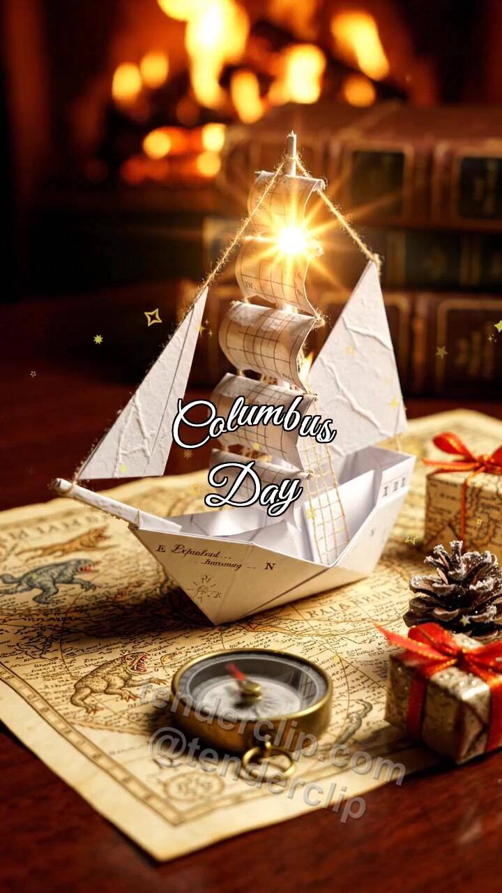 Animated greeting card about Columbus Day: paper ship wakes up first