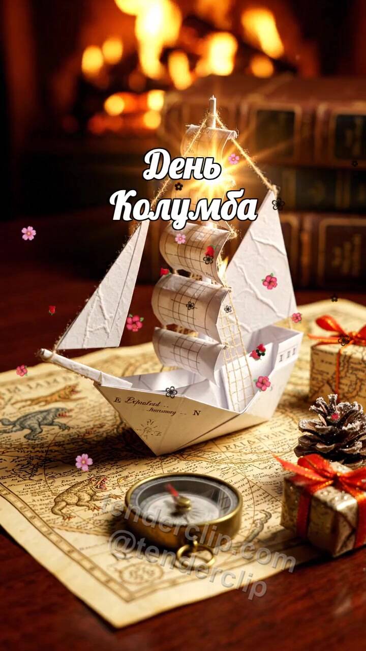 Анимационная открытка на тему День Колумба: бумажный кораблик оживает первым