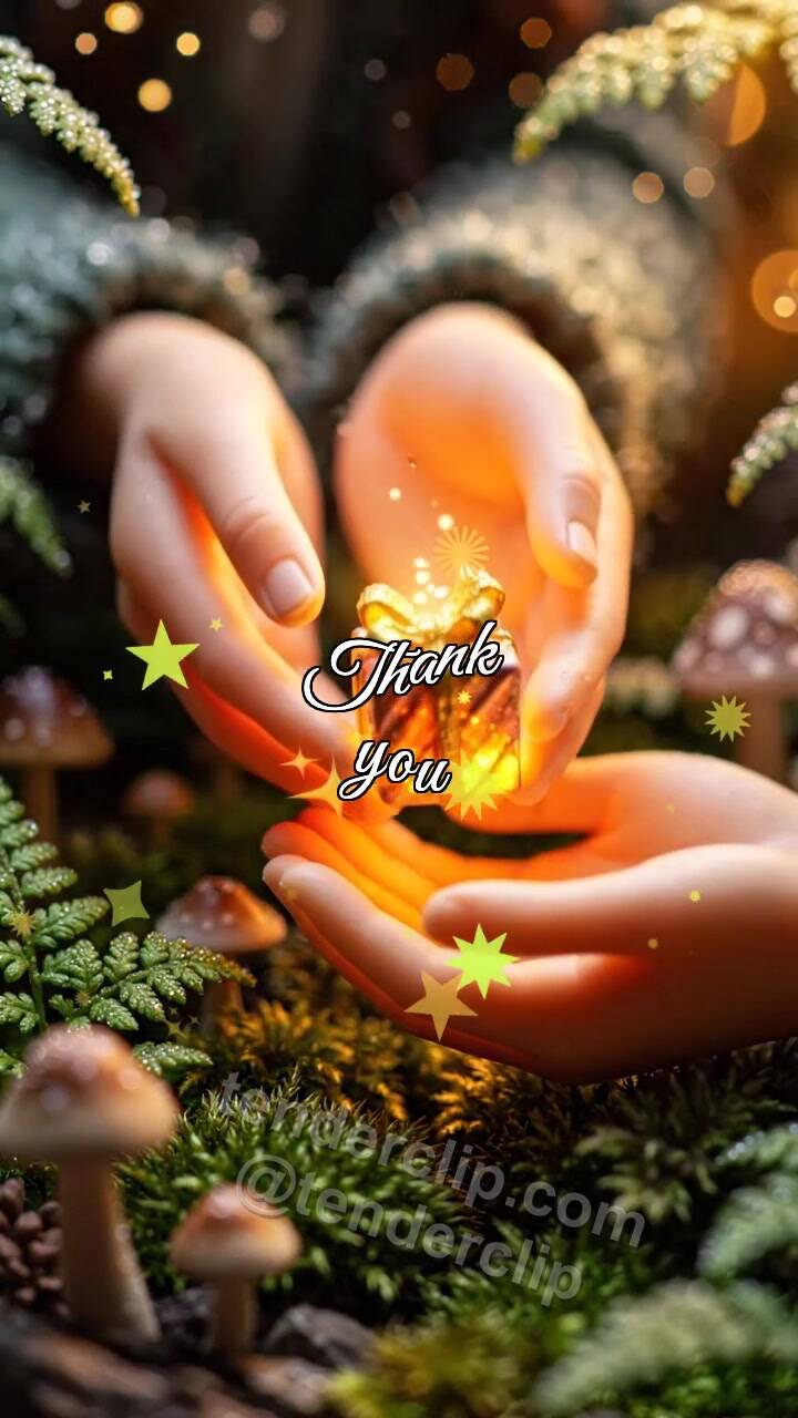 Animated greeting card about Thank you: hands receive a tiny glowing gift
