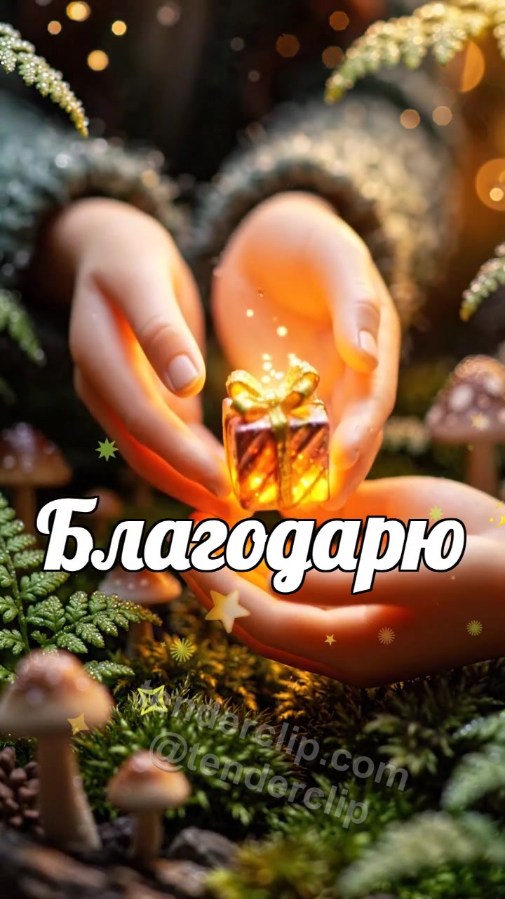 Анимационная открытка на тему Благодарю: руки принимают маленький светящийся подарок