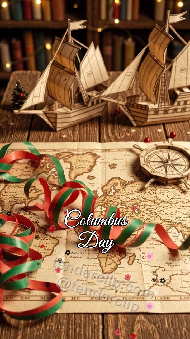Animated greeting card about Columbus Day: ribbon fixes the decoration