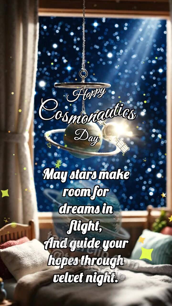 Animated greeting card about Happy Cosmonautics Day: Planet Rocks Satellite