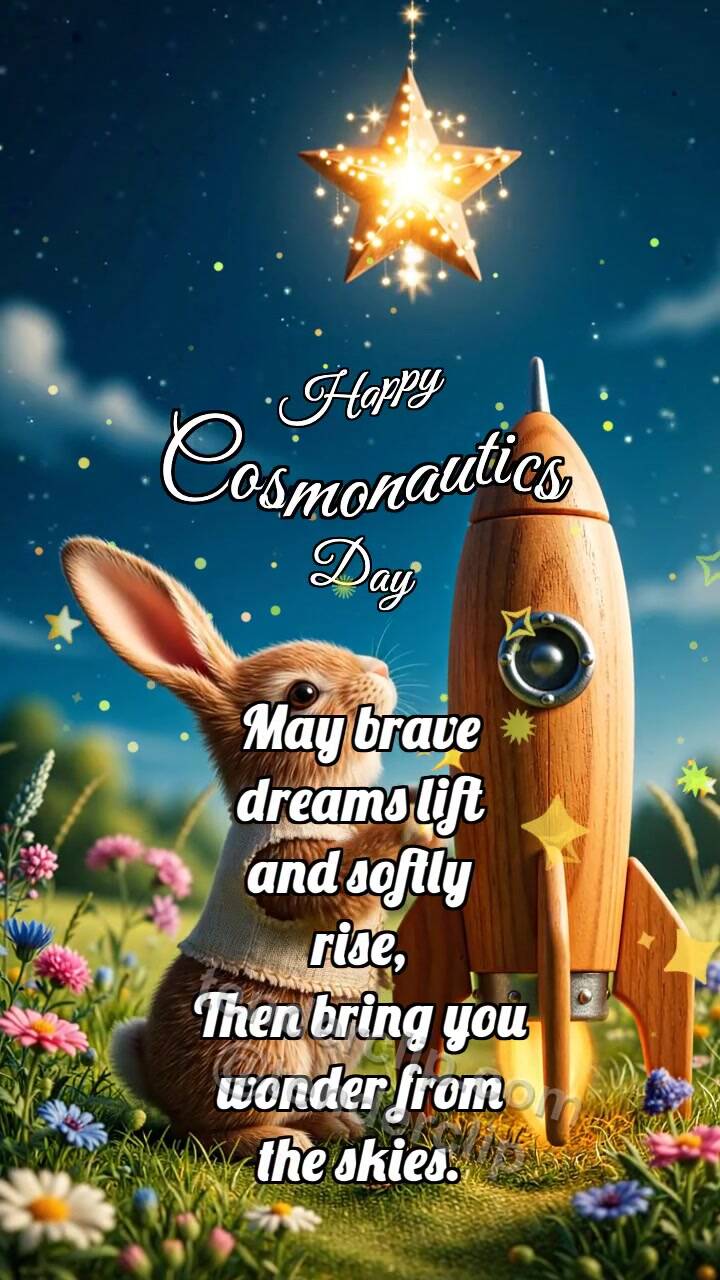 Animated greeting card about Happy Cosmonautics Day: Bunny By Star Rocket