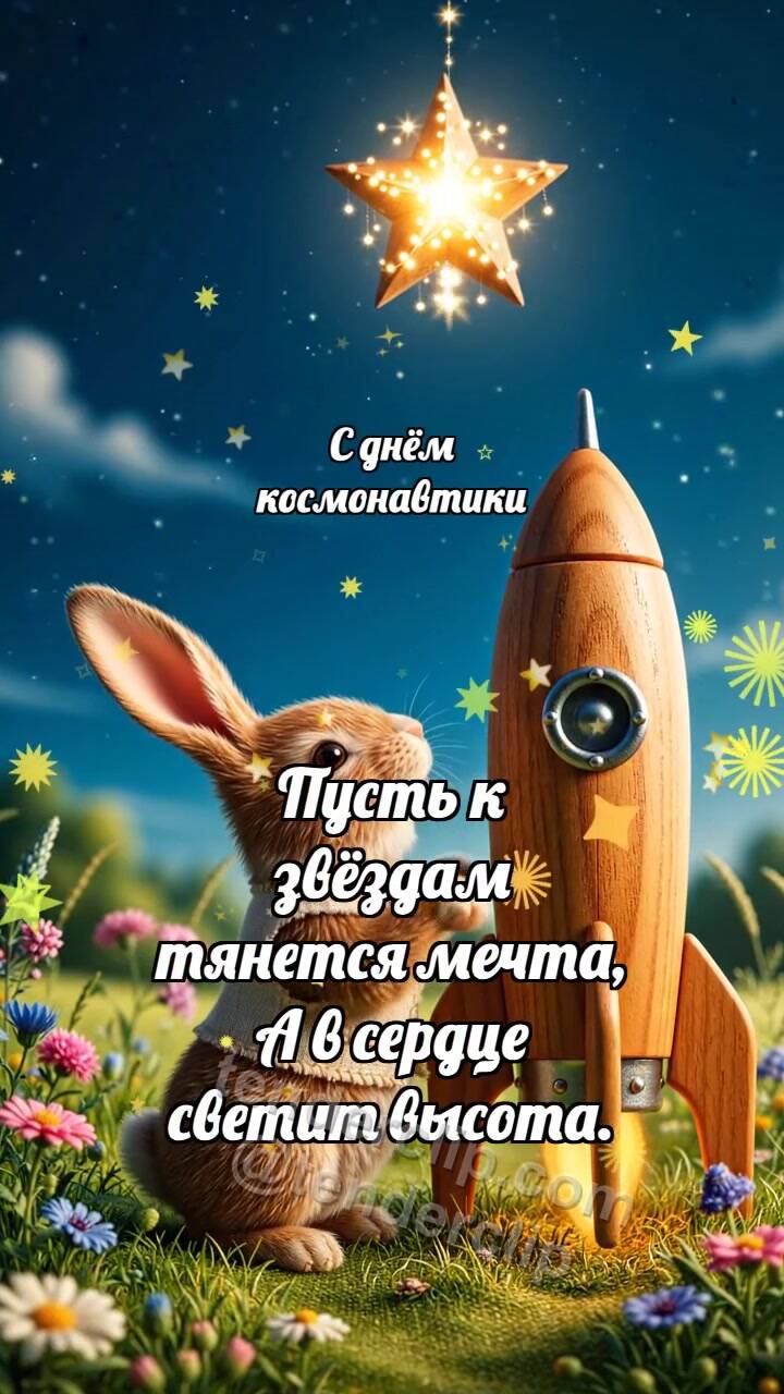 Анимационная открытка на тему С днём космонавтики: Зайчик у звёздной ракеты