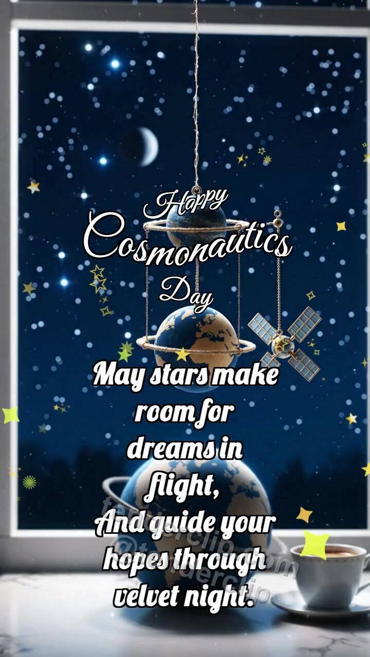Animated greeting card about Happy Cosmonautics Day: Planet Rocks Satellite