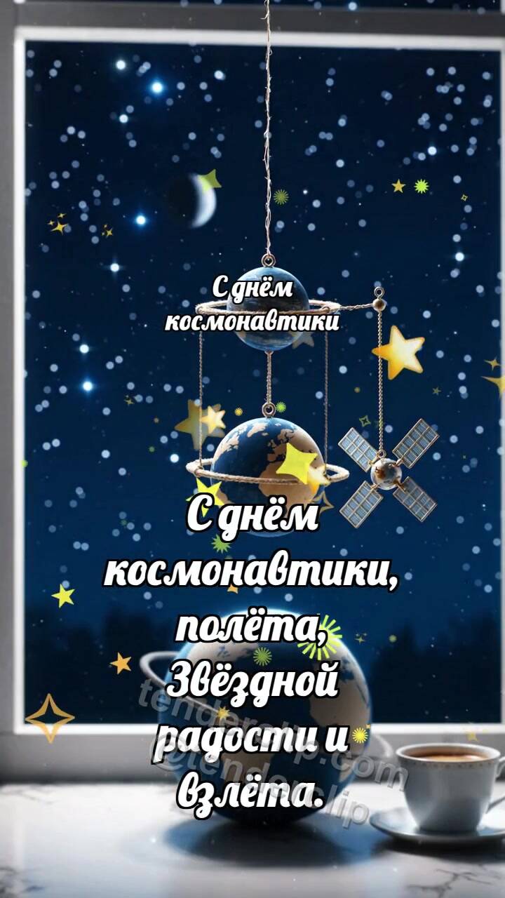 Анимационная открытка на тему С днём космонавтики: Планета качает спутник