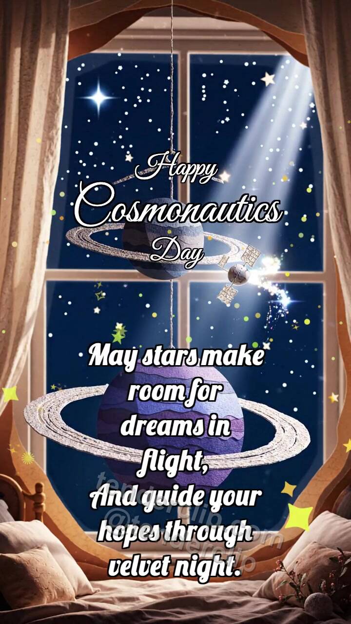 Animated greeting card about Happy Cosmonautics Day: Planet Rocks Satellite