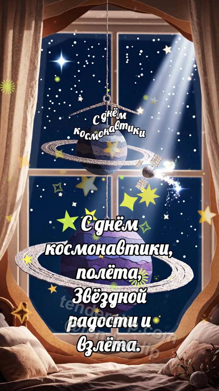 Анимационная открытка на тему С днём космонавтики: Планета качает спутник